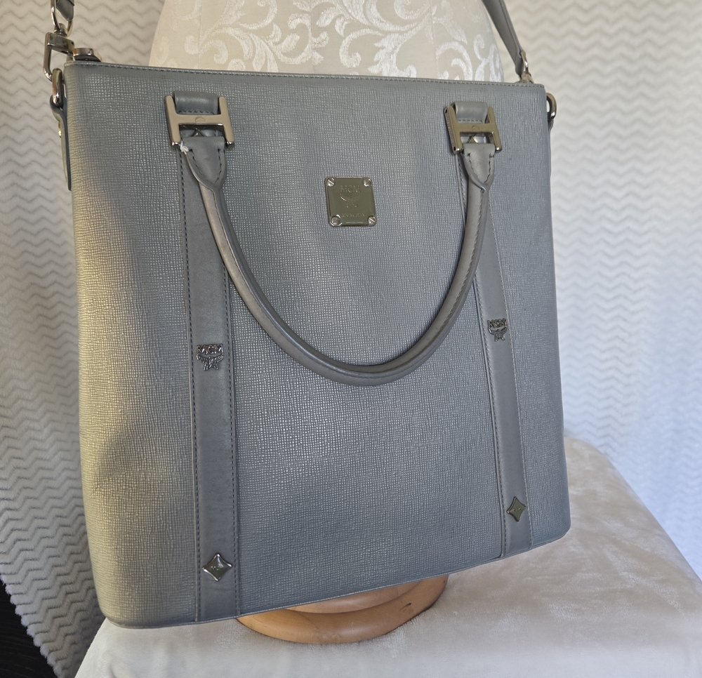 MCM Gray Structured Tote Bag With Crossbody Strap.
